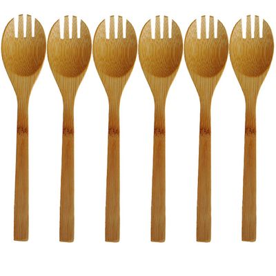 6Pcs 7.87 Inches Bamboo Sporks Long Handle Spoon and Fork 2 in 1 Dinnerware Tableware Kitchen Utensils for Restaurants, Catering Events, Buffet, Home Party Use, Brown