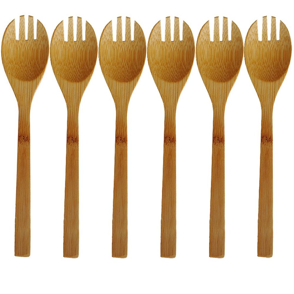 6Pcs 7.87 Inches Bamboo Sporks Long Handle Spoon and Fork 2 in 1 Dinnerware Tableware Kitchen Utensils for Restaurants, Catering Events, Buffet, Home Party Use, Brown