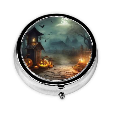 Halloween Backdrop Pill Case with Mirror Retro Small 3 Compartment Pill Box for Purse or Pocket Travel Pill Container Decorative Metal Medicine Vitamin Organizer Unique Gifts