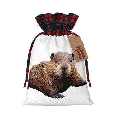 WZYCWB 8.3 * 11.8 inches burlap drawstring gift bags, Smart Beaver Christmas gift bags, Christmas party supplies decoration bags,