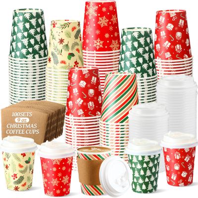 Cunhill 100 Set Christmas Disposable Coffee Cups 9oz with Lids & Sleeves Bulk Durable Thickened Paper Christmas Coffee Cups for Hot Chocolate Hot Cocoa Cold Drinks Xmas Party Supplies (Fresh)