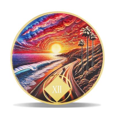 12 Year Sunset Coastal Road Sobriety Coin Journey into Serenity NA Medallion Spiritual Token for Recovery & Clean Time Empowering NA AA Chips Gift for Men & Women