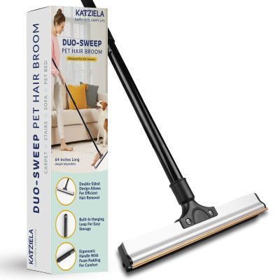 Katziela DuoSweep Broom Dual-Sided Pet Hair Remover with Metal & Rubber Blade Multi-Surface Cleaner for Carpet, Hardwood & Tile Includes Water Control Squeegee Attachment