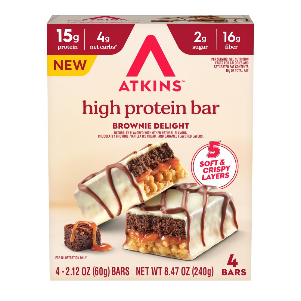 Atkins High Protein Bar, Brownie Delight, 4 Bars, 2.12 oz (60 g) Each