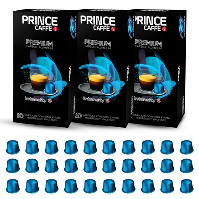 Prince Caffe Espresso Pods Premium Intensity 8, Medium-Dark Roast, The Espresso Coffee Pods Are Compatible with Nespresso Original Line Machines, 30 Count (3 x 10 Capsules) Premium Quality Coffee Capsules.