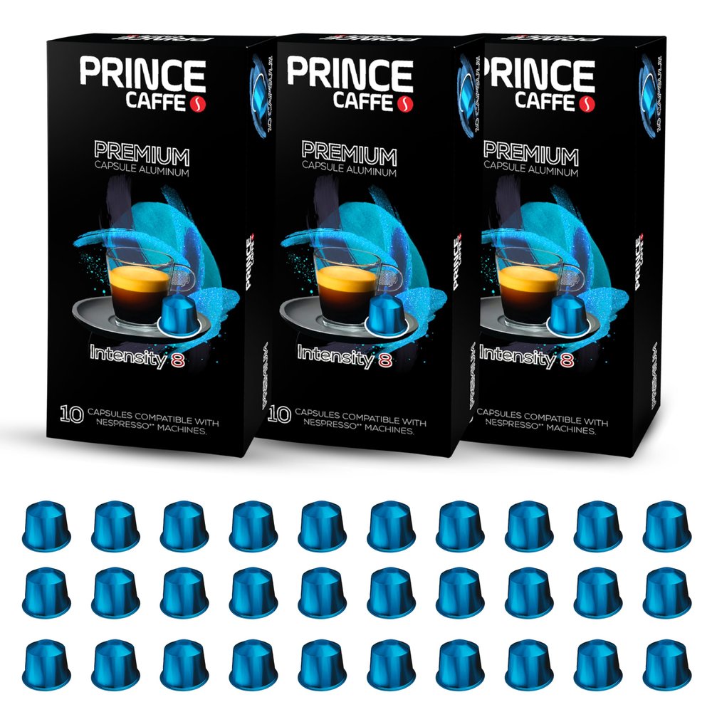 Prince Caffe Espresso Pods Premium Intensity 8, Medium-Dark Roast, The Espresso Coffee Pods Are Compatible with Nespresso Original Line Machines, 30 Count (3 x 10 Capsules) Premium Quality Coffee Capsules.