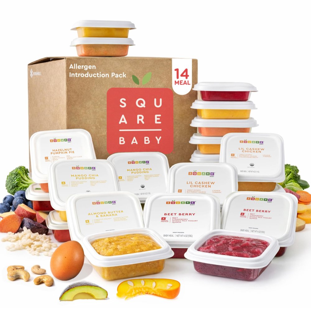 Square Baby Organic Baby Food Purees | 14 Meal Allergen Introduction Pack | Fresh & Dietitian-Designed Balanced Meals | Low Sugar. No Added Sugar | Allergen Intro Options (14 Pack, 4 oz)