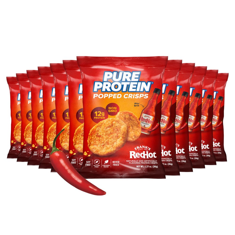 Pure Protein Franks Red Hot Popped Crisps Spicy Protein Snack 12g Plant Based Protein, Gluten Free, Non GMO, Vegan, Air Popped & Puffed Crisps Healthy Protein Snacks 12 Pack