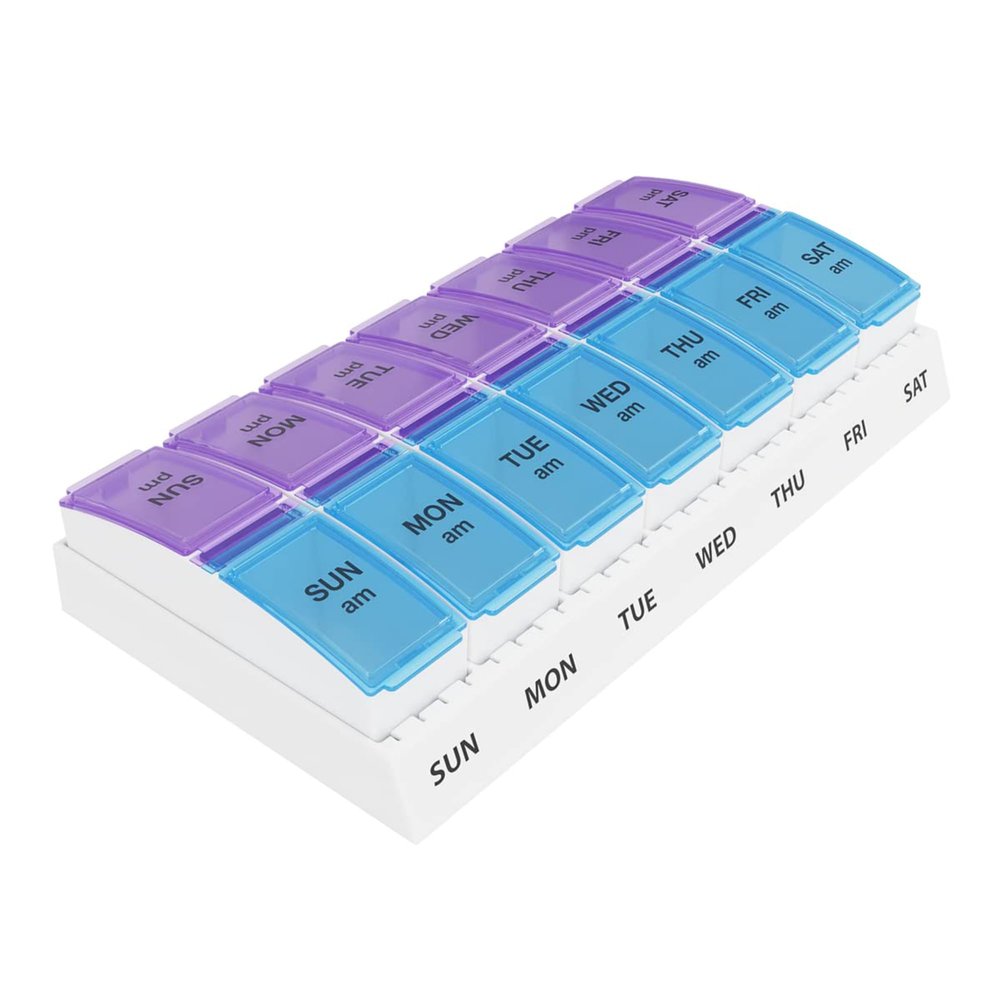Weekly AM/PM Pill Organizer - 7 Day Medicine Planner with Large Pop-Out Daily Compartments, Easy Open 2-Times-a-Day Pill Case for Travel that Holds Big Size Vitamins & Supplements, Blue and Purple
