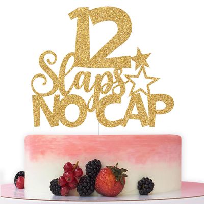 12 Slaps No Cap Cake Topper, Happy 12th Birthday Cake Topper, Cheers to 12 Years, Funny 12th Birthday Party Decorations Gold Glitter