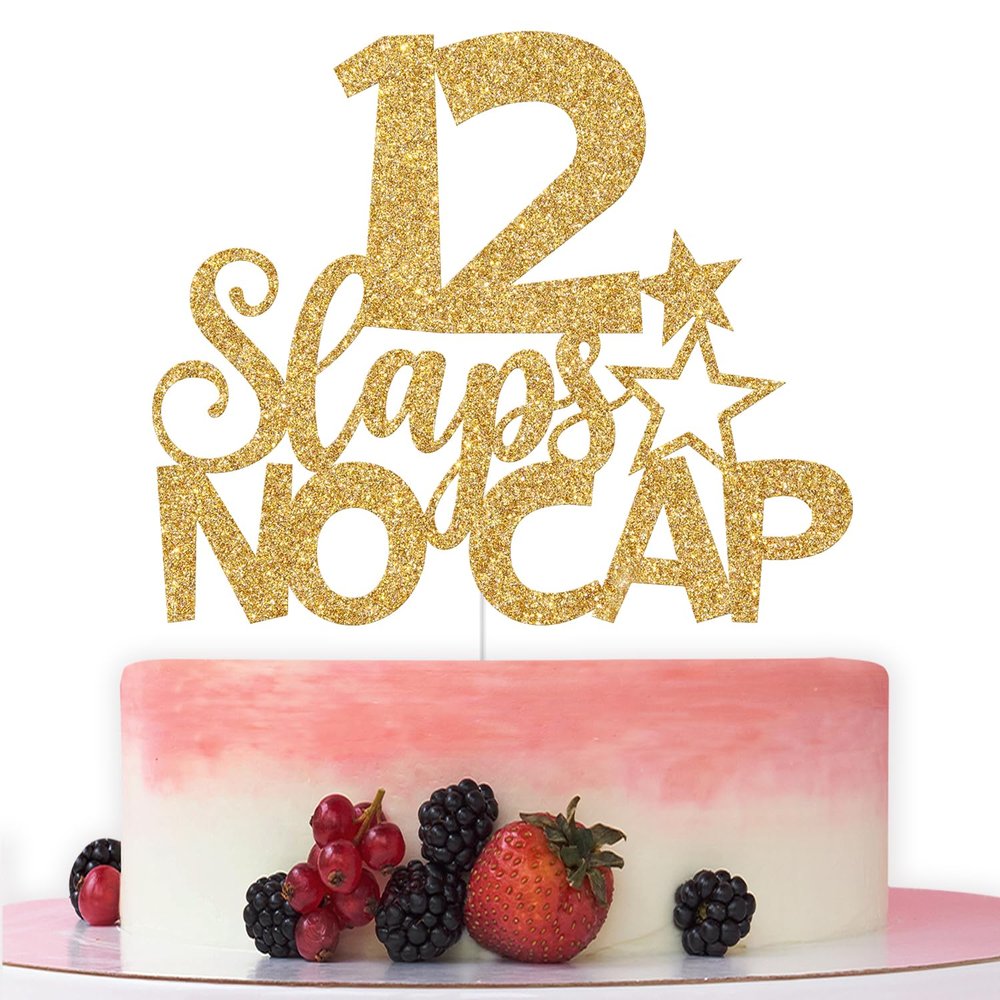 12 Slaps No Cap Cake Topper, Happy 12th Birthday Cake Topper, Cheers to 12 Years, Funny 12th Birthday Party Decorations Gold Glitter