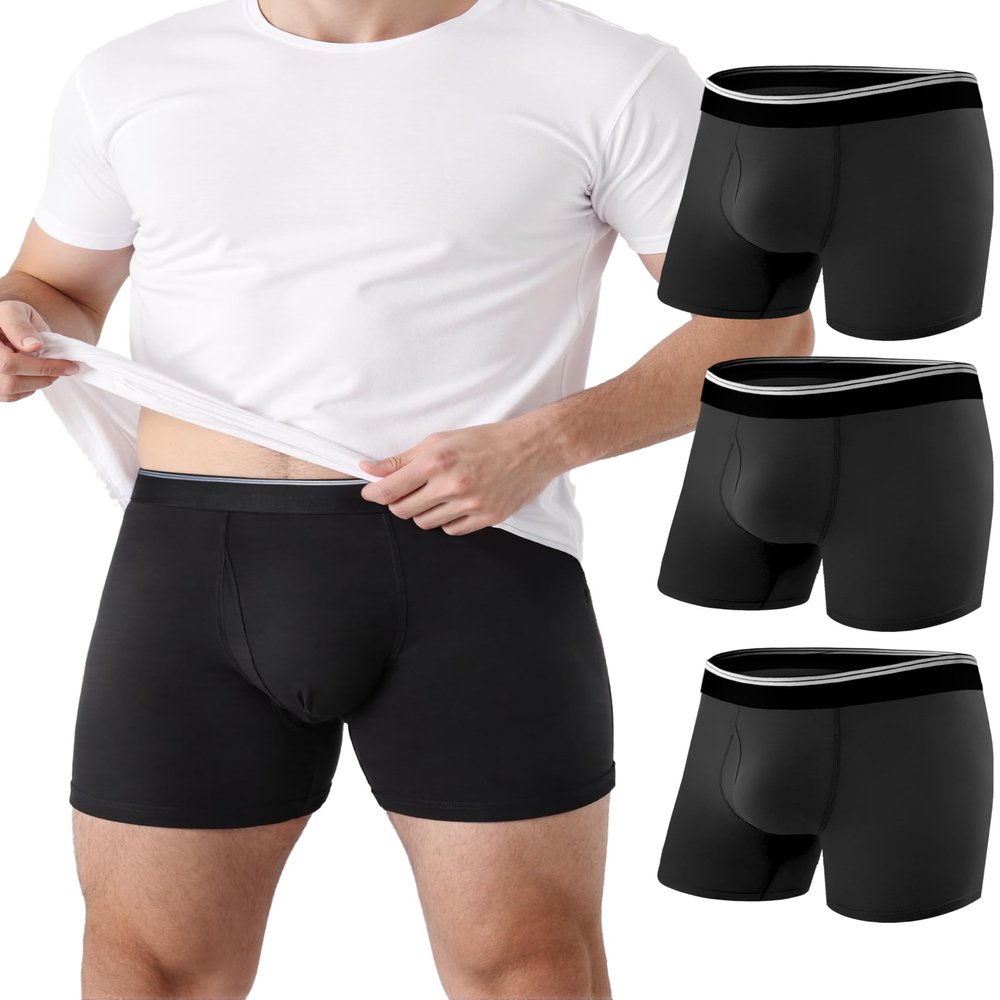 TIICHOO Washable Incontinence Underwear for Men with Front Fly Reusable Protective Leakproof Boxer Briefs 3 Pack (3 Black, 3X-Large)