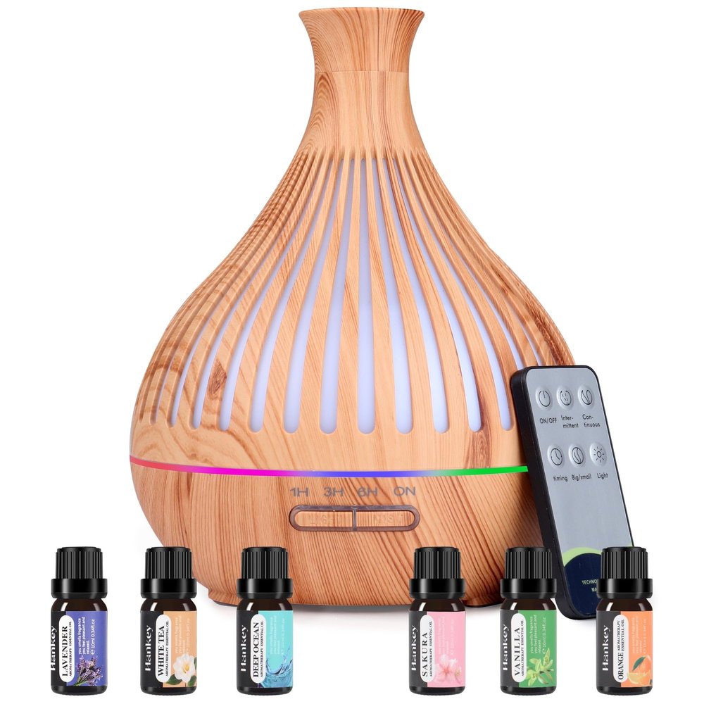 500ml Essential Oil Diffuser with 5*10ml Essential Oil, BeAmazed Humidifier, Diffusers for Home, Aromatherapy Diffuser with Remote Control, Diffusers for Essential Oils Large Room (Yellow Wood Grain)