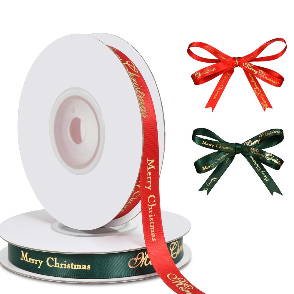 Christmas Gift Wrapping Ribbon, Red, Green, 2 Rolls Printed Grosgrain Ribbons for Crafts, Floral Bouquets, Sewing, Party and Festive Holiday Decor (2 Rolls(Green/Red), 1 Rolls=3/8in * 10Yards)