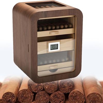 Electric Cigar Humidor for 110 Cigars, Spanish Cedar Wooden Shelves, Thermometer & Hygrometer, Cooling Cigar Fridge Box for Men - Perfect Cigar Storage Solution