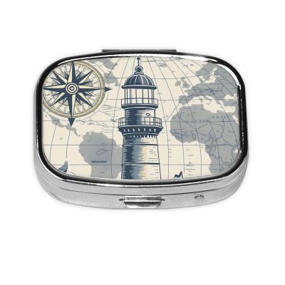 Vintage Lighthouse Nautical Map Pill Box Portable 2 Compartment Pill Case Hold Vitamins