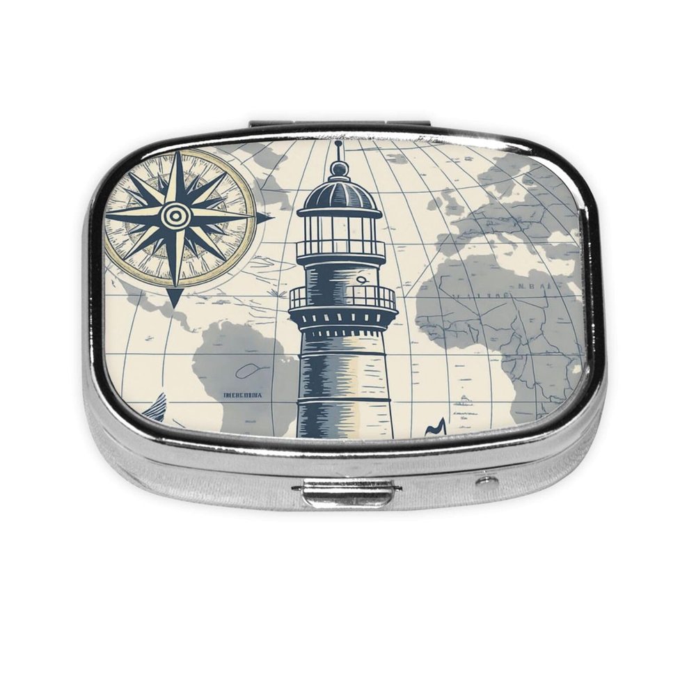 Vintage Lighthouse Nautical Map Pill Box Portable 2 Compartment Pill Case Hold Vitamins