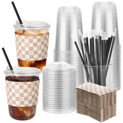 Ovveroche 50 Sets 16 Oz Clear Plastic Coffee Cups with Lids Straws and Sleeves Disposable Iced Drinking Cups for Iced Coffee Cold Beverage Drink Shops Party Catering Travel Brown Checkerboard