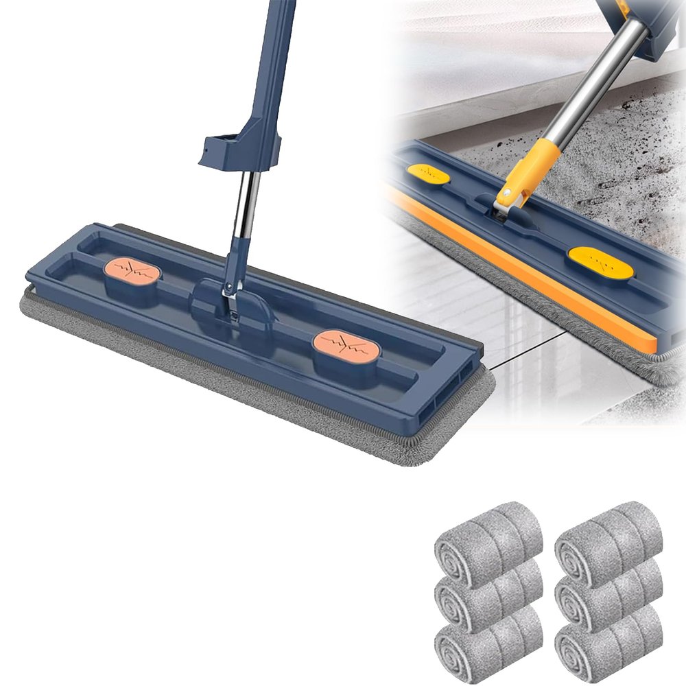 2025 New Plus Mop, 360 Rotation Plus Flat Mop Set, Wet and Dry Large Self Wringing Flat with 4/6 Washable Microfiber Pads (1 Blue+6 Microfiber)