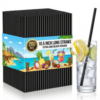 200 Pack Black Disposable Plastic Straws, 10.5" Extra Long Drinking Straws, 0.23" Diameter BPA-Free Straws for 30oz Tumblers, Tall Glasses, Iced Coffee and Party Use