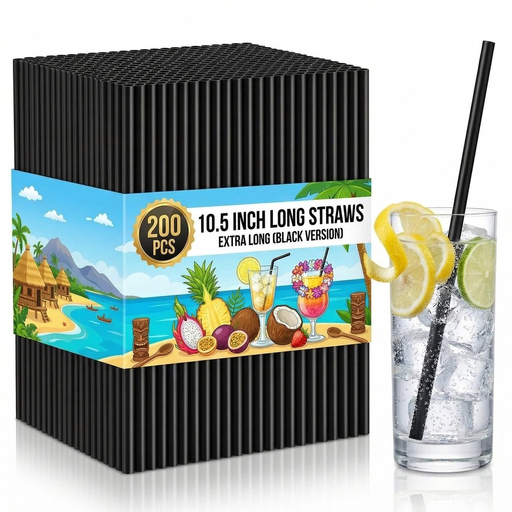 200 Pack Black Disposable Plastic Straws, 10.5" Extra Long Drinking Straws, 0.23" Diameter BPA-Free Straws for 30oz Tumblers, Tall Glasses, Iced Coffee and Party Use