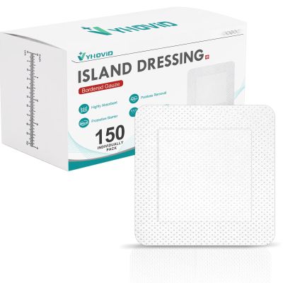 150 Count Island Dressing Bordered Gauze 4" x 4", Gauze Pads Individually Wrapped, Non-Stick Pad in Center with Adhesive Border, Bandages for Wounds, First Aid