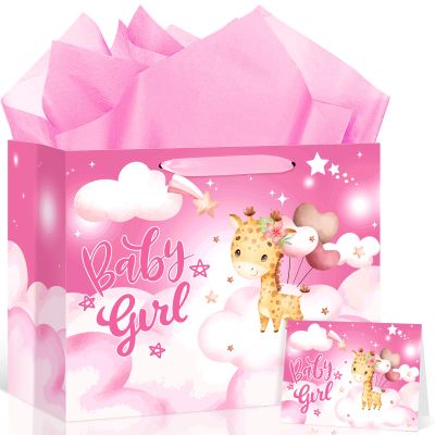 Neptniopllab Pink Giraffe Gift Bag with Tissue Paper & Card Safari Jungle Animal Party Favor Bag for Baby Girl's Newborn Birthday or Baby Shower Celebration
