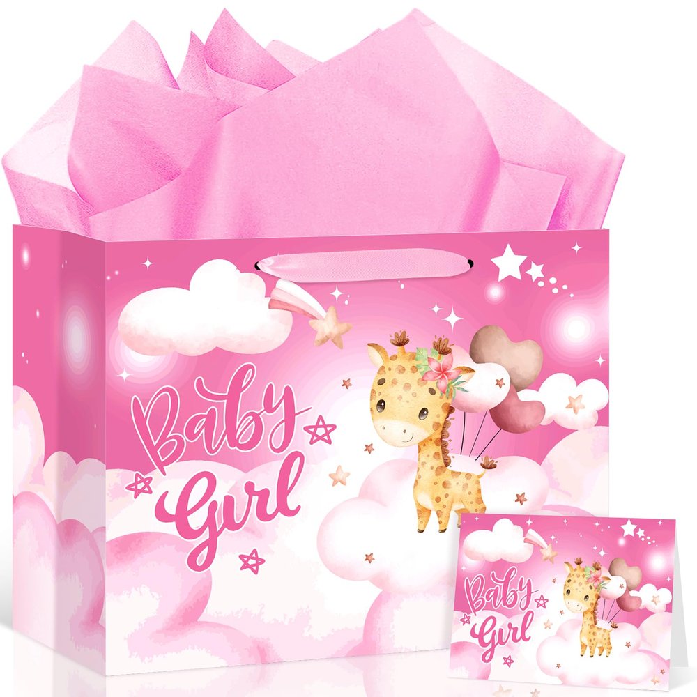Neptniopllab Pink Giraffe Gift Bag with Tissue Paper & Card Safari Jungle Animal Party Favor Bag for Baby Girl's Newborn Birthday or Baby Shower Celebration