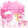 Neptniopllab Pink Giraffe Gift Bag with Tissue Paper & Card Safari Jungle Animal Party Favor Bag for Baby Girl's Newborn Birthday or Baby Shower Celebration view 1