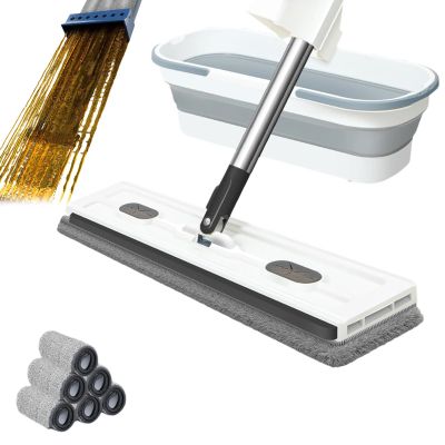 Large Flat Mop and Bucket System Self-Wringing Floor Mop Set with 54" Stainless Steel Handle, Saker 360 Swivel Head, Plus Mop for Home Cleaning on Tile, Wood, Laminate (B-White)