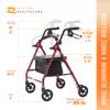 Rhythm Healthcare Royal Aluminum 4 Wheel Rollator, Lightweight Folding Walker with Padded Seat, Tote Bag, and Locking Loop Brakes, Red view 3