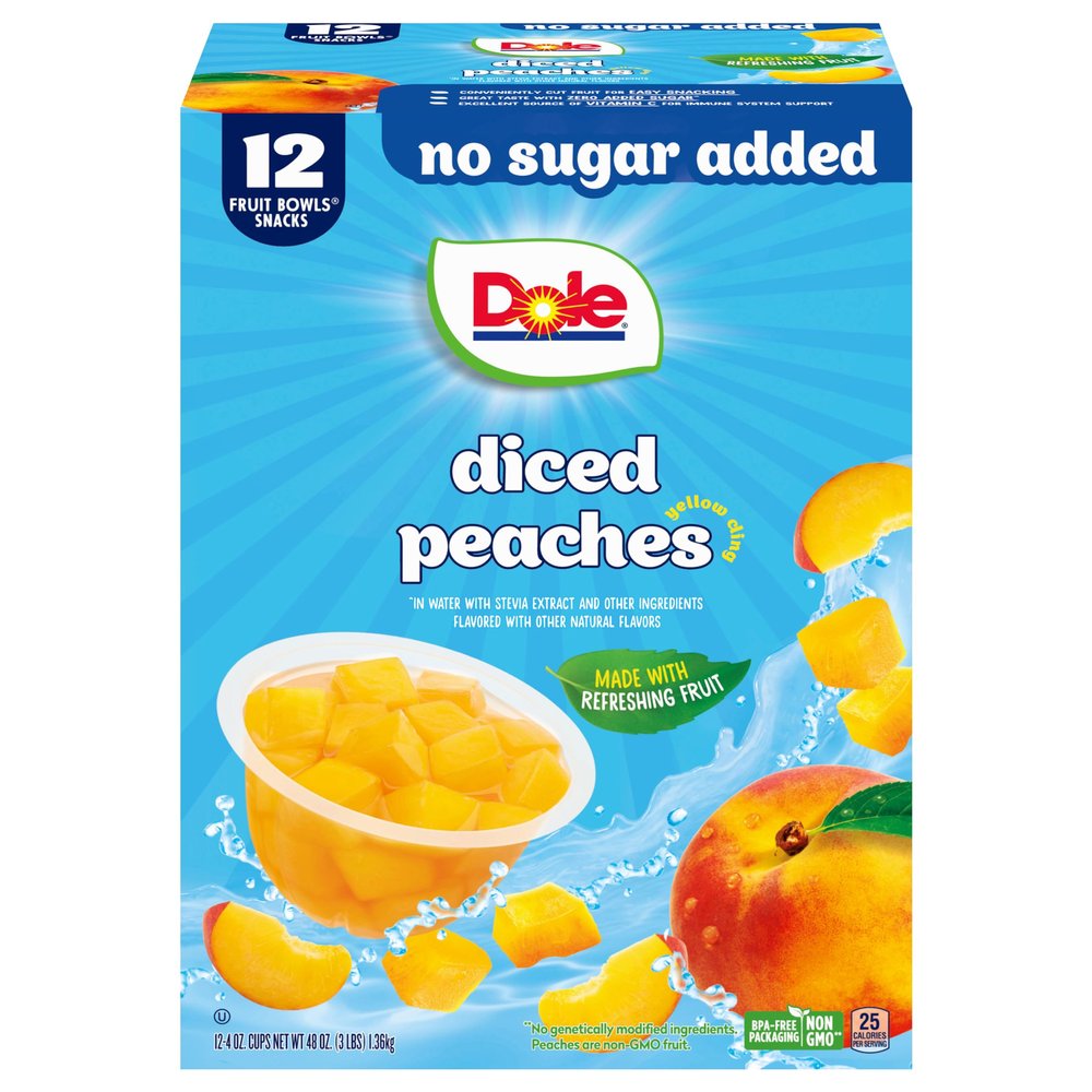 Dole Diced Peaches No Sugar Added - Dole Fruit Bowls Snacks - 4 oz Fruit Bowls - 12 Pack