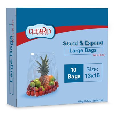 Clearly Elegant Food Storage Bags, 2 Gallon Freezer Bags 13"x15" for Pantry and Meal Prep, Disposable Food Storage Bags for Parties and Events, Heavy Duty Bag with Slider Closure for Easy Sealing