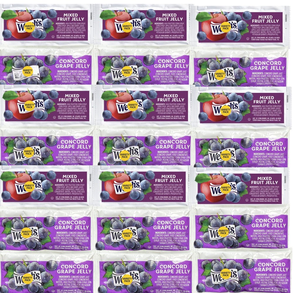 Assorted Jelly Pack 30 Single-Serve Portions (0.5 oz Each) Concord Grape Jelly & Mixed Fruit Jelly Breakfast Spreads Variety Pack for Toast, Bagels, Pancakes, Snacks & On-the-Go Use