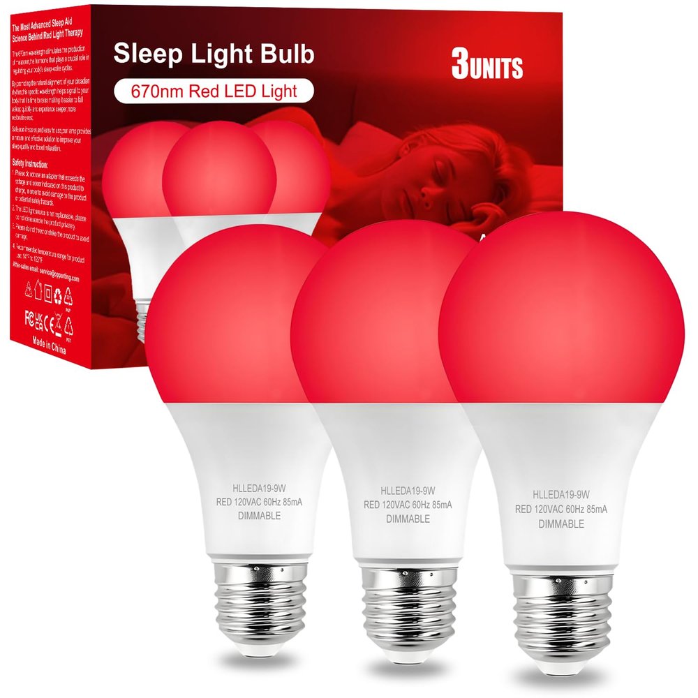 Verbeeck 670nm Red Light Bulb,9W E26 A19 Red Light Sleep Therapy Bulb,Dimmable,Melatonin Promoting,Healthy Sleep Light,Night Light for Bedroom,Baby Nursery,Reading,3 Pack