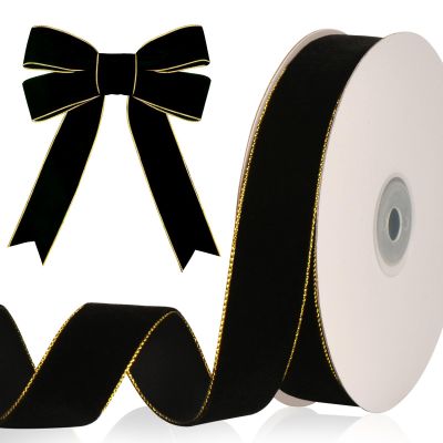 10 Yards Golden Edge Black Velvet Ribbon 1Inch for Christmas Tree, Black Velvet Christmas Ribbon for Gift Wrapping Crafts Bow Wreath Holiday Floral Bouquets Decorations