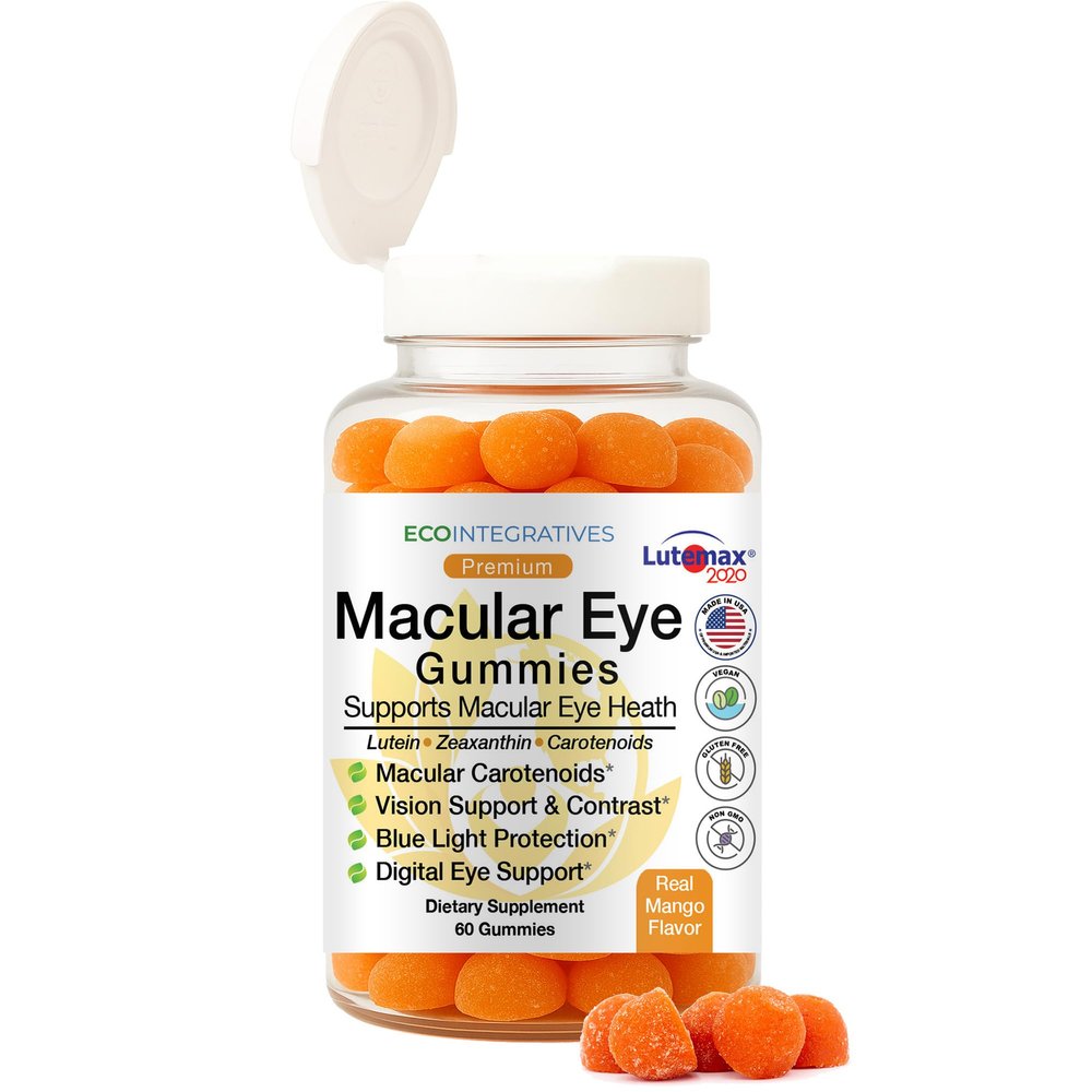 EcoIntegratives Premium Macular Eye Gummies with Lutemax 2020 Lutein & Zeaxanthin Carotenoids for Eye Health, Blue Light & Vision Support, Real Mango Flavor, Easy Flip-Top Lid, 60 Gummies