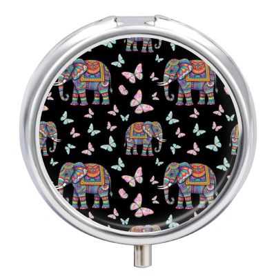 Mini Pill Organizer, Elephant Butterfly Round Compact Dispenser, Portable Holder for Fish Oil, Travel Pill Box Purse Use for Students