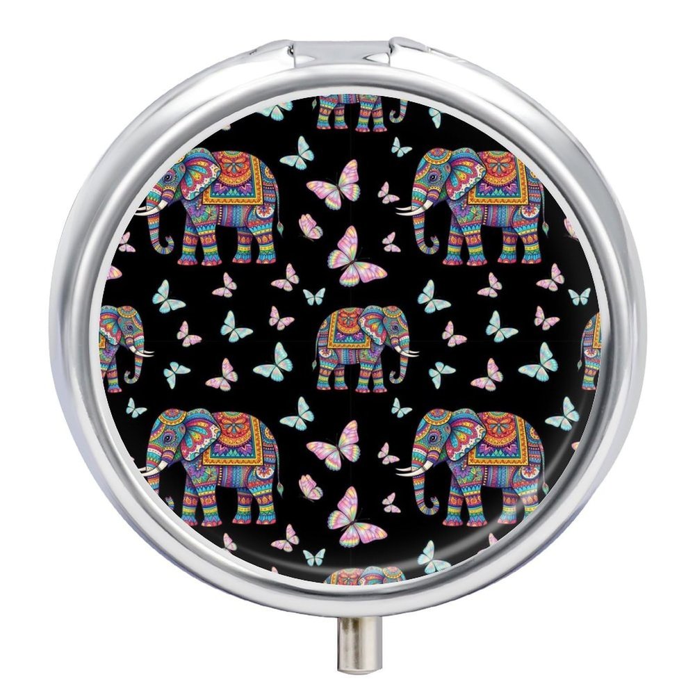 Mini Pill Organizer, Elephant Butterfly Round Compact Dispenser, Portable Holder for Fish Oil, Travel Pill Box Purse Use for Students