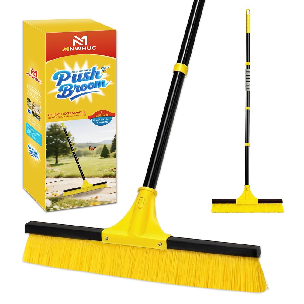 18Push Broom Brush for Floor Cleaning with 60 Long Handle and Stiff Bristles, Heavy Duty Brush for Shop, Deck, Garage, Concrete,Indoor and Outdoor Broom