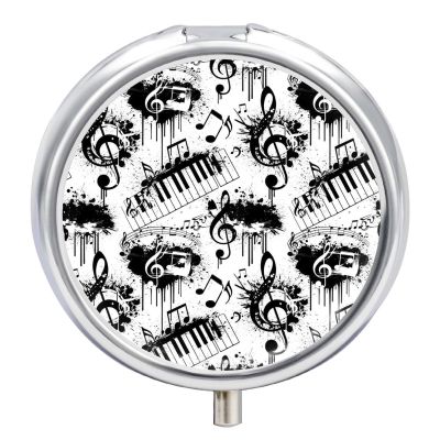 Portable Pill Organizer, Abstract Music Note Piano Round Cute Container, Mini Case for Vitamins, Travel Holder Purse Use for Women