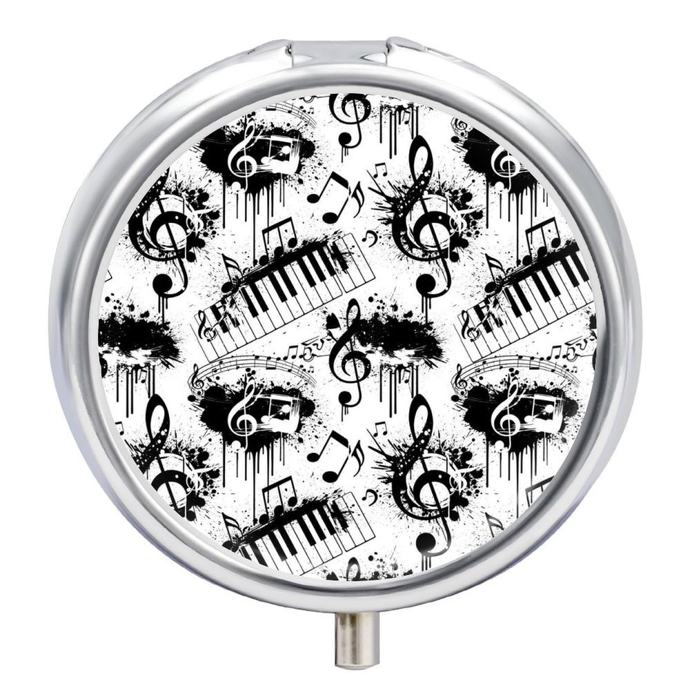 Portable Pill Organizer, Abstract Music Note Piano Round Cute Container, Mini Case for Vitamins, Travel Holder Purse Use for Women