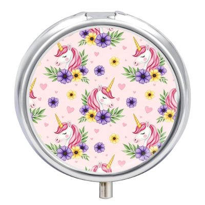 Round Pill Dispenser, Cute Pink Unicorns Mini Organizer Case, Metal Travel Holder for Medicine, Purse Pocket Container for Vacation Trips