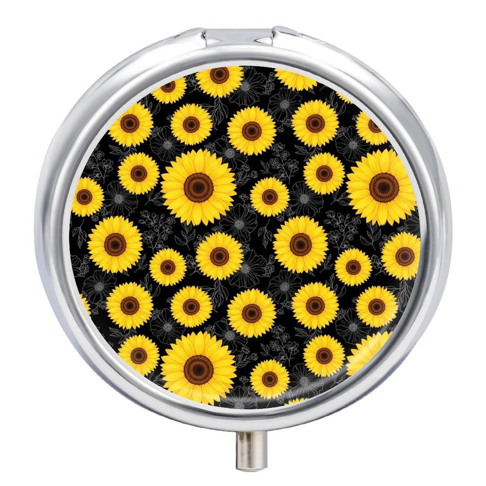 Round Pill Dispenser, Floral Sunflower Black Mini Organizer Case, Metal Travel Holder for Medicine, Purse Pocket Container for Vacation Trips