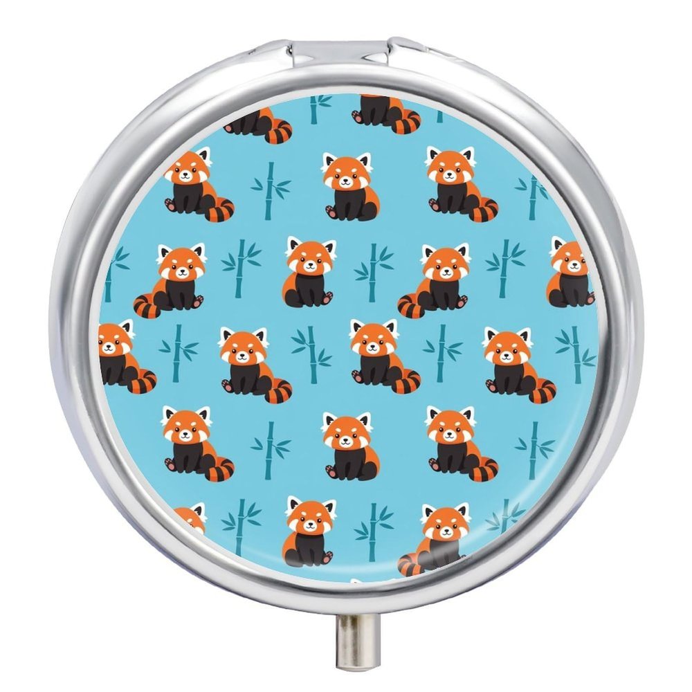 Portable Medicine Box, Red Panda Blue Round Pill Organizer, Compact Case for Fish Oil, Travel Pill Holder Purse Carry for Seniors