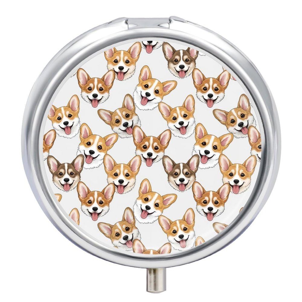 Round Medicine Organizer, Cute Puppy Dog Corgi Portable Pill Box, Mini Case for Fish Oil, Travel Holder Purse Pocket for Men