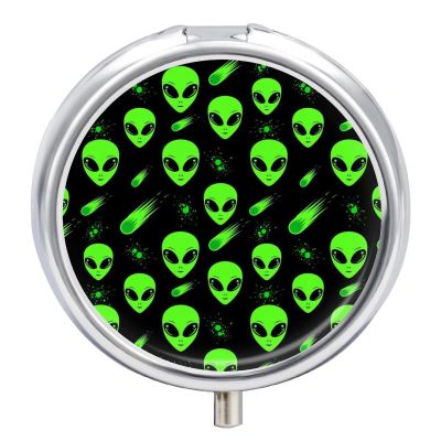Round Pill Box, Space Alien Art Portable Travel Organizer, Metal Case with Mirror, Pocket Purse Container for Supplements
