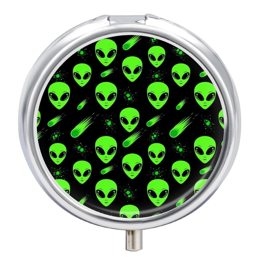 Round Pill Box, Space Alien Art Portable Travel Organizer, Metal Case with Mirror, Pocket Purse Container for Supplements
