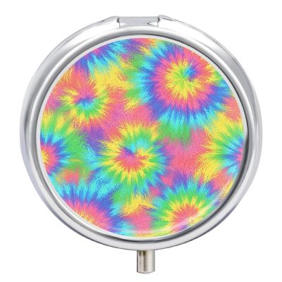 Travel Medicine Box, Rainbow Tie Dye Round Small Organizer, Metal Pill Case for Fish Oil, Portable Dispenser Purse Pocket for Commuters
