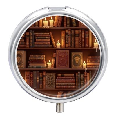 Travel Medicine Box, Vintage Library Bookshelf Candlelight Round Small Organizer, Metal Pill Case for Fish Oil, Portable Dispenser Purse Pocket for Commuters